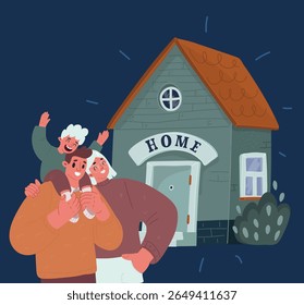 Cartoon vector illustration of young family with son near house over dark background