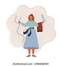 Cartoon vector illustration of young fashion designer dressmaker woman using needle for sewing