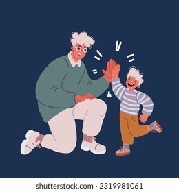 Cartoon vector illustration of young father giving high five cues to son for successful school achievement, parenting time. Happy Family parenting concept over dark background