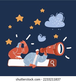 Cartoon vector illustration of Young female in search bar and man looking through magnify glass. Concept of searching, finding, information service. 