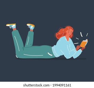 Cartoon vector illustration of Young Girl Lying reading the book on dark background.