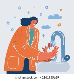 Cartoon vector illustration of young girl washing her hands