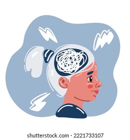 Cartoon vector illustration of young girl with stressed face expression and mess in brain. Obsessive compulsive, adhd, anxiety disorders