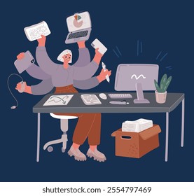 Cartoon vector illustration of Young girl busy shiva office manager with many hands keeps supplies over dark backound