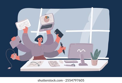 Cartoon vector illustration of Young girl busy shiva office manager with many hands keeps supplies over dark background