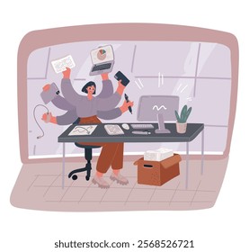 Cartoon vector illustration of Young girl busy shiva office manager with many hands keeps supplies.