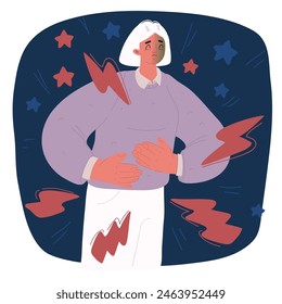 Ilustración vectorial de la historieta del muchacho joven que siente el dolor del estómago sobre fondo oscuro