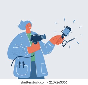 Cartoon vector illustration of young hairdresser. Woman hold hairbrush and fan in her hands.