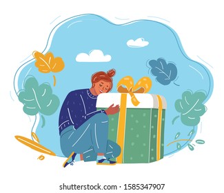 Cartoon vector illustration of young happy woman holding a big gift box.