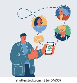 Cartoon vector illustration of Young happy smiling urban man using smart phone. Businessman holding mobile smartphone using app texting sms message to his friends, subscribers or clients