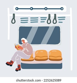 Cartoon vector illustration of Young happy woman sitting in city bus or subway train and reading book
