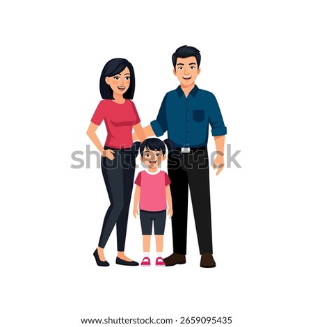 Cartoon vector illustration of young happy family father, mother and daughter. Flat vector design.