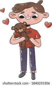 Cartoon vector illustration of young kid hugging his teddy bear