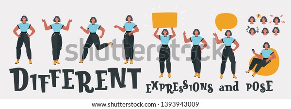 Cartoon vector illustration of Young lady\
character constructor. Different woman postures, face, banner, bean\
bag, speech bubble,