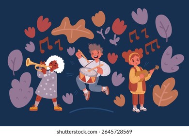 Cartoon vector illustration Cartoon vector illustration of young little girl with curly hair playing guitar. Funny little kids with guitar, trumpet and guitar, ukulele. School orchestra