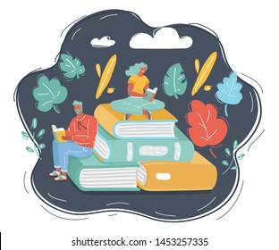 Cartoon vector illustration of Young male and female readers sitting on stack of giant books and reading. Literature fans or lovers, student, education concept, fair. 