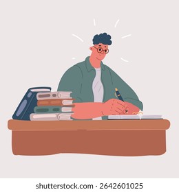 Cartoon vector illustration of Young male student writing information, while prepare for lectures in University campus, man working.