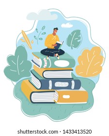Cartoon vector illustration of Young man sitting on big books stack of his skills and knowledge and reading. Education, professional career establishment basics concept.