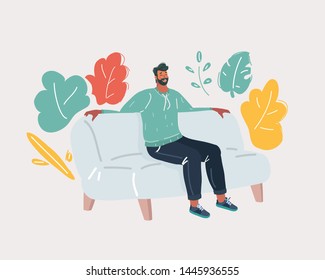 Cartoon vector illustration of Young man sitting on the couch and relaxing. Procrastination, rest, after a working day, vacation concept.