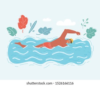 Cartoon vector illustration of young man swimming in pool