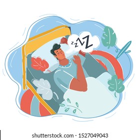 Cartoon vector illustration of Young man sleeping in bed. Close up view.