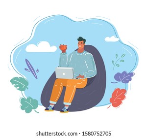 Cartoon vector illustration of young man sitting on bean bag, using electronic devices in public wifi area, working on laptop