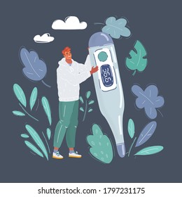 Cartoon vector illustration of young man temperature and having flu. Recovered patient on dark background.