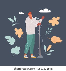 Cartoon vector illustration of young man singing or man speaks to the public with microphone, standup character on dark background