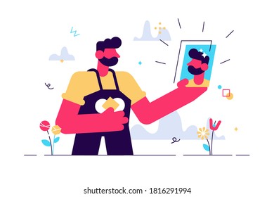Cartoon vector illustration of young man in casual clothes make selfie with him phone. Narcissistic person concept on white.