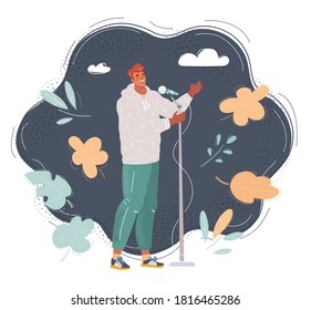Dibujo vectorial de un joven cantando en un micrófono en un fondo oscuro