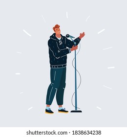 Cartoon vector illustration of young man singing into microphone on a white background. Character make stendup show, sing, speaks at the conference.