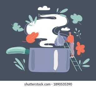 Cartoon vector illustration of young man stand near big pan in the kitchen and cook. Character on dark background.