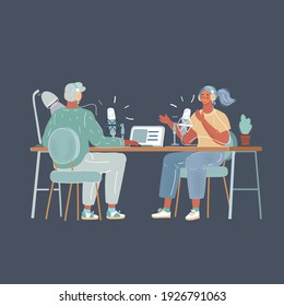 Cartoon vector illustration of Young man interviewing a woman in a radio studio. Podcast and broadcast blogger concept on dark backgroun.