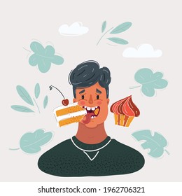 Cartoon vector illustration of young man eating cake on dark background.
