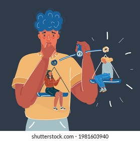 Dibujo vectorial de dibujos animados de un joven que elige entre dos mujeres con escala en el fondo oscuro.