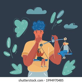 Cartoon vector illustration of Young man choosing between two women. Scale concept. Character on dark background.