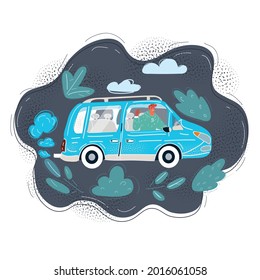 Cartoon vector illustration of young man rides in a car on dark background
