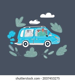 Cartoon vector illustration of young man rides in a car on dark bacground.