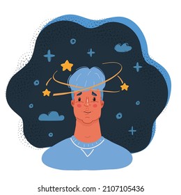Cartoon vector illustration of Young man with pensive expression and brain messing