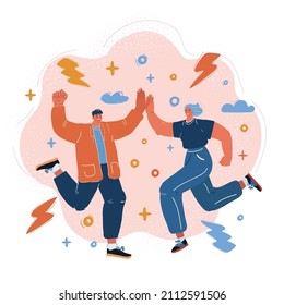 Cartoon vector illustration of Young Man and Woman Jumping and Giving High Five. Good job concept. Team celebration winning.