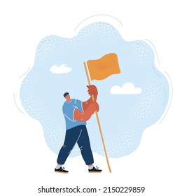 Cartoon vector illustration of illustration of a young man holding a flag