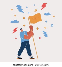 Cartoon vector illustration of young man holding a flag
