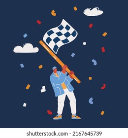 Cartoon Vector Illustration Of Young Man Holding A Black And White Checkered Flag Over Dark Backround