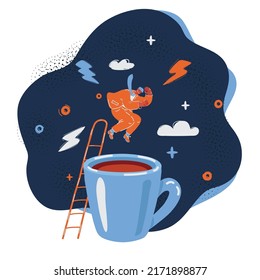 Cartoon vector illustration of Young man jumping in a coffee cup over dark background