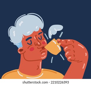Cartoon vector illustration of Young man enjoying coffee over dark backround