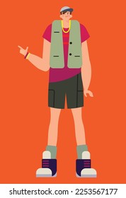 Caricatura de estilo plano de un adolescente, un niño con camisas, zapatillas de deporte y un chaleco. Ilustración del vector