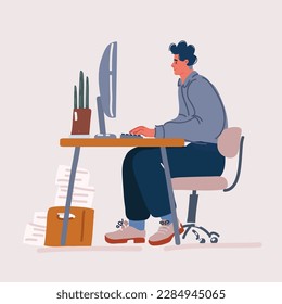 Cartoon vector illustration of Young man working at his office at the computer