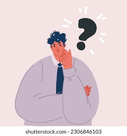 Cartoon vector illustration of young man showing confused gesture. Question mark.