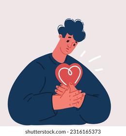 Cartoon vector illustration of Young man with heart pain touching his chest. Heart attack.