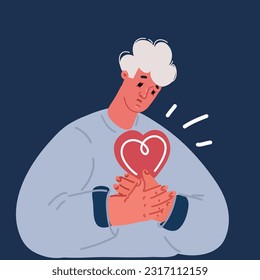 Cartoon vector illustration of Young man with heart pain touching his chest. Heart attack, stroke concept over dark background